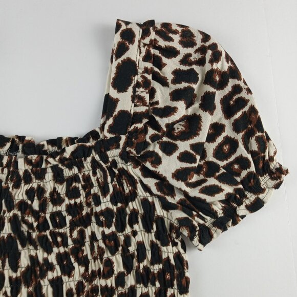 Monteau Puff Sleeve Smocked Crop Top Women's Size S Leopard Print Linen Blend - Picture 3 of 8
